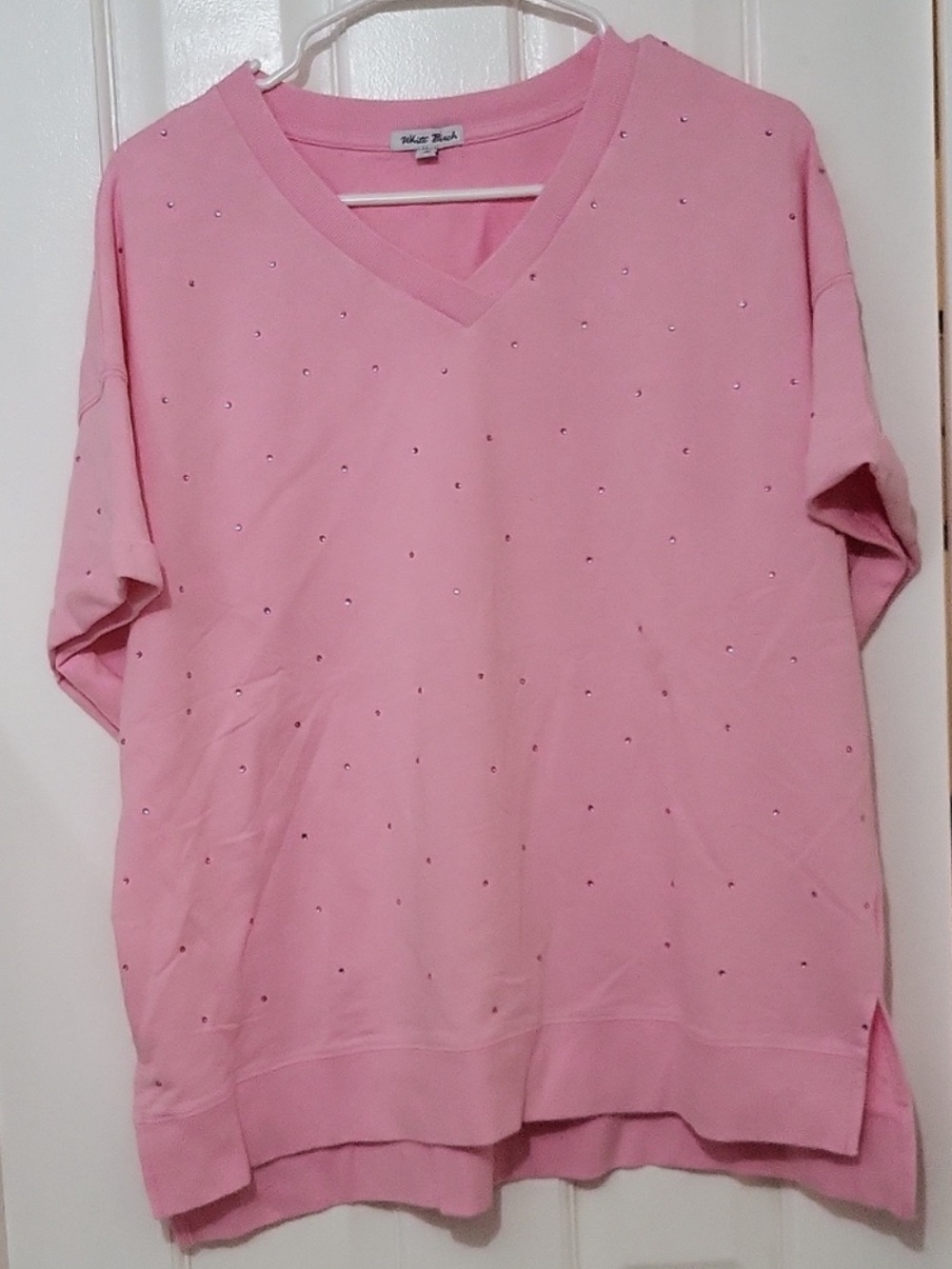 White Birch Rhinestone Cotton Pink Crew V Neck Short Sleeve Oversized Top NWOT - Picture 9 of 16